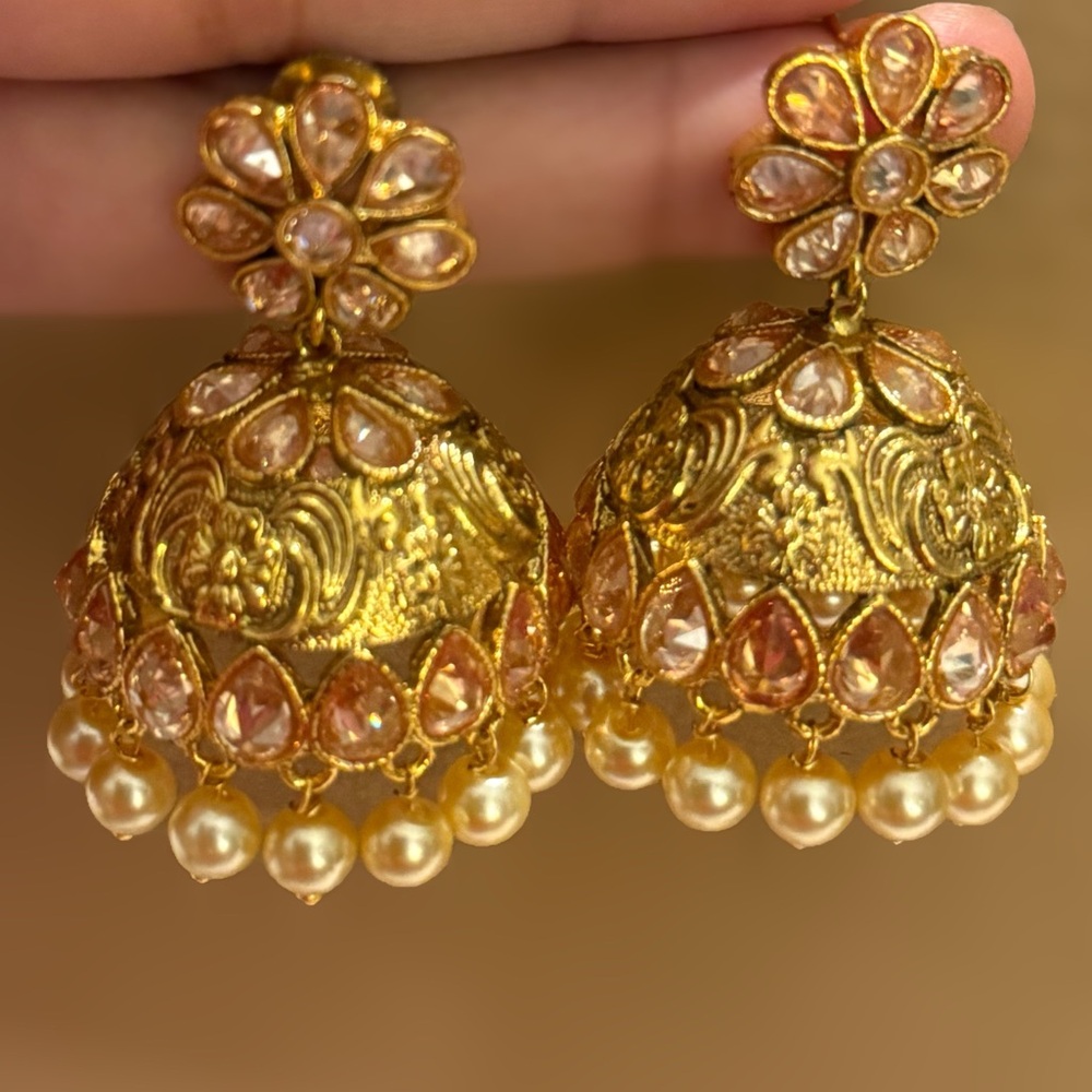 Gold and Pink Floral Jhumka Earrings